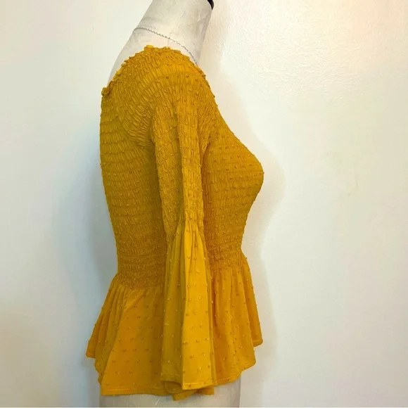 Boho Cottagecore Smocked Peplum Top Mustard Yellow Bell Sleeves Size Small - Picture 3 of 6